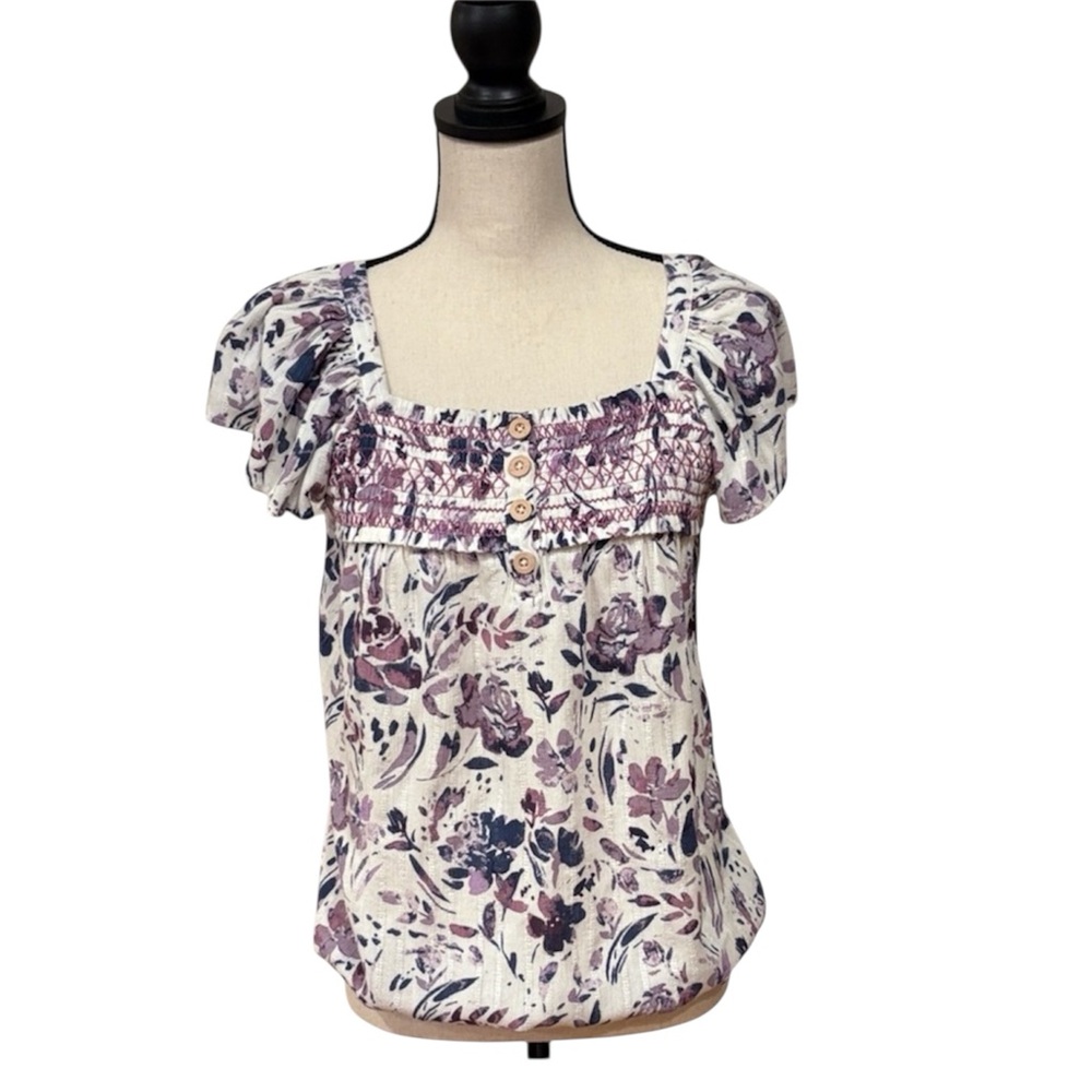 Maurices Purple and White Floral Blouse With Bubble Hem